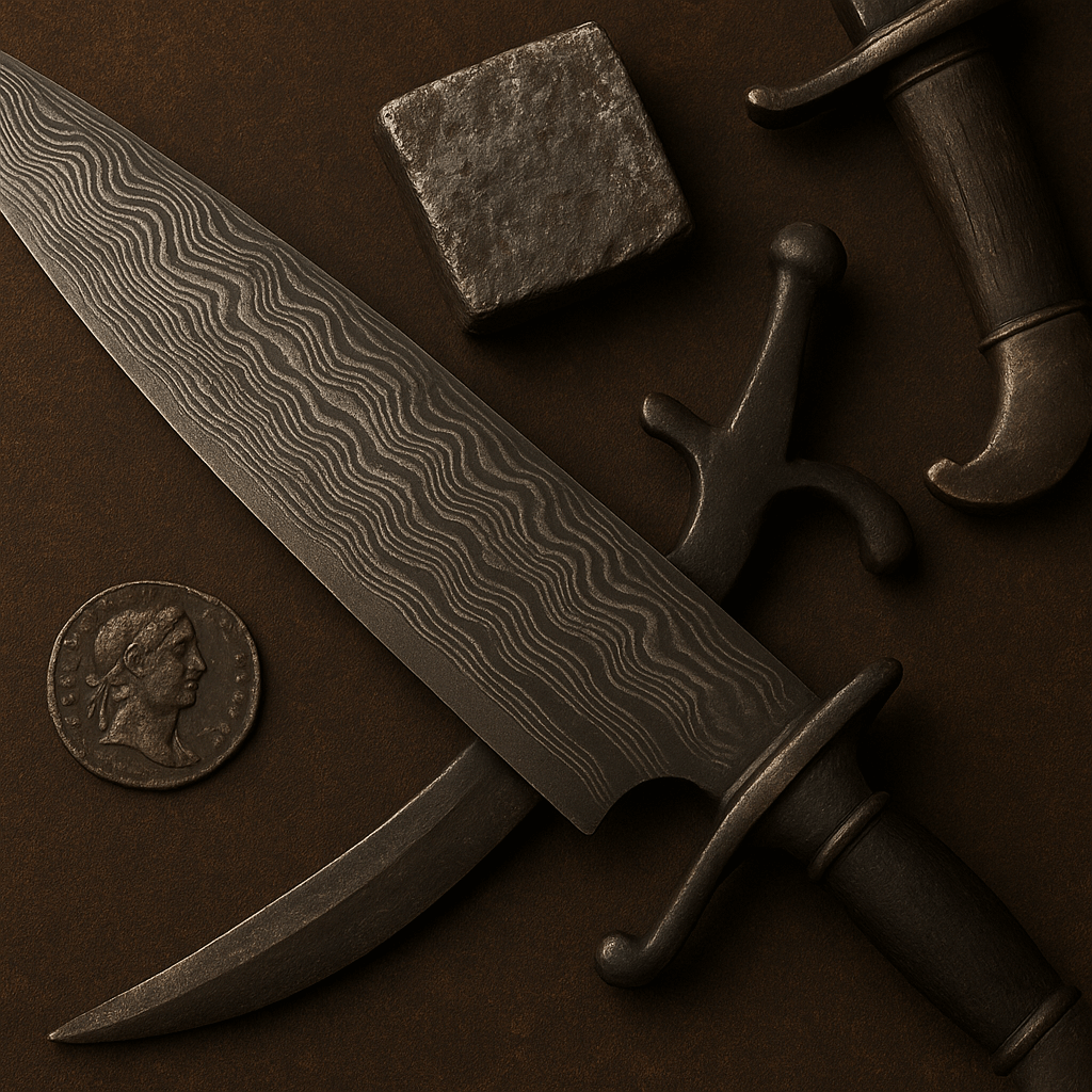 Historic Damascus steel sword with wavy blade pattern alongside ancient coin and artifacts
