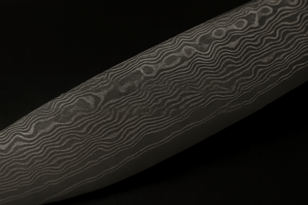 Close-up of Damascus steel knife blade showing layered wave patterns